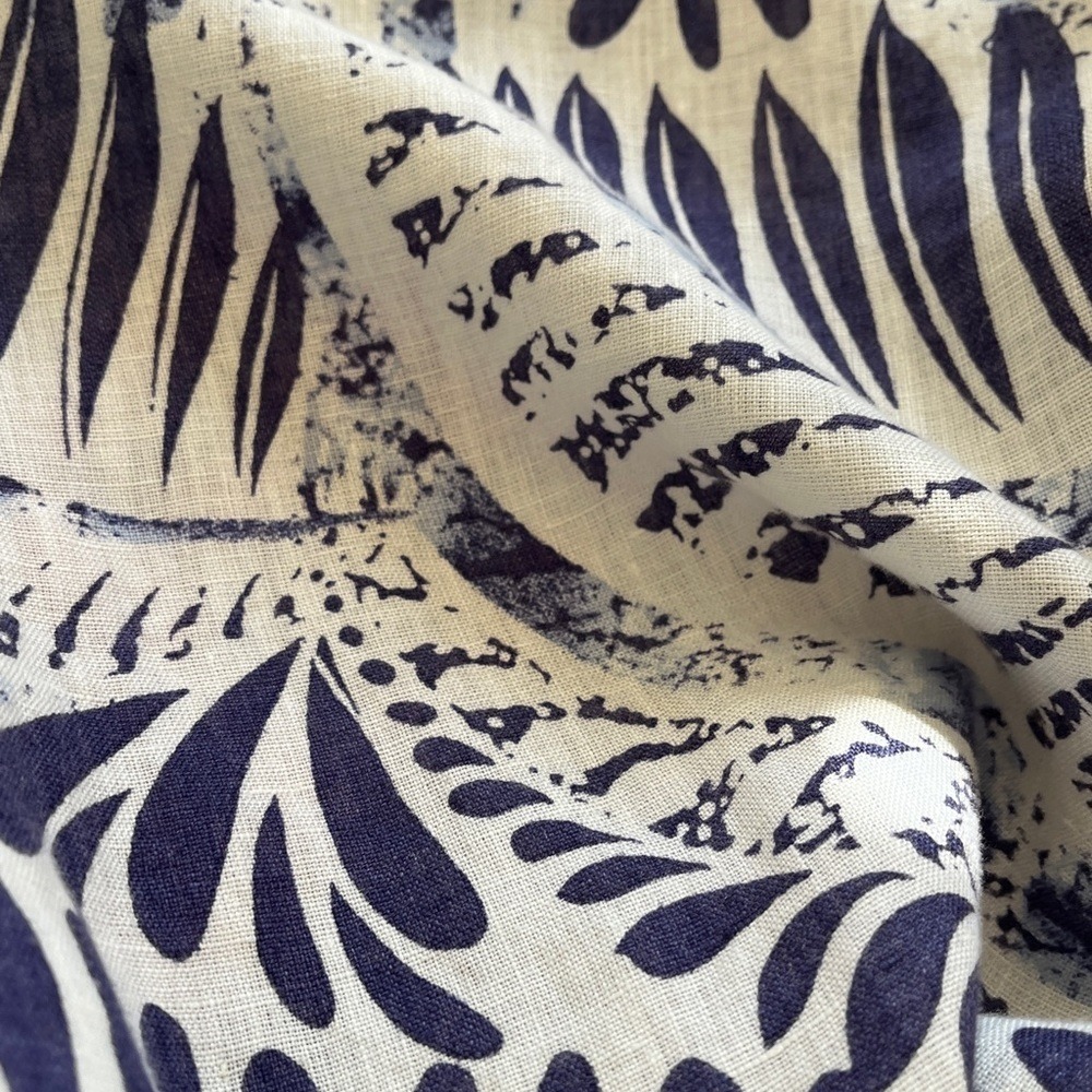 100% Linen Dress Women's Medium Sleeveless Pockets Print Blue White Beach Flare - Picture 13 of 16